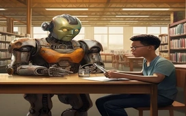 Student studying with a humanoid robot in a library, symbolizing learning opportunities and free online courses for launching a career in artificial intelligence.