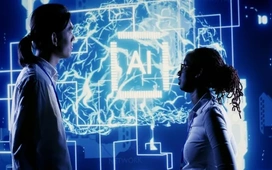 Professionals discuss AI with glowing brain interface – comprehensive guide to artificial intelligence in 2024