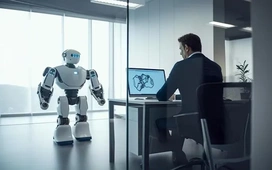 Humanoid robot beside analyst at computer illustrating how artificial intelligence works – OHSC AI guide