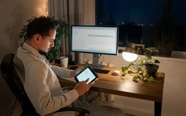 Tech professional working remotely at a home desk with tablet and monitor – find remote tech jobs with OHSC