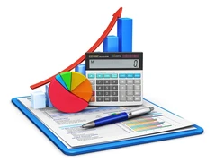 Financial charts, calculator, graphs, and pie chart on a clipboard, representing key differences between accounting and finance tasks.