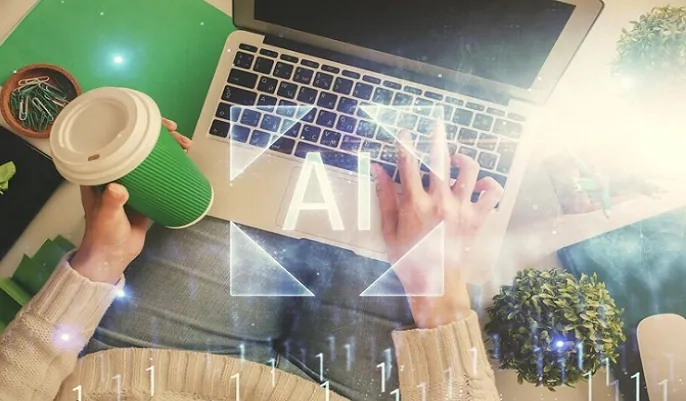 Hands using laptop with AI overlay and coffee – complete guide to boosting advertising campaigns with AI