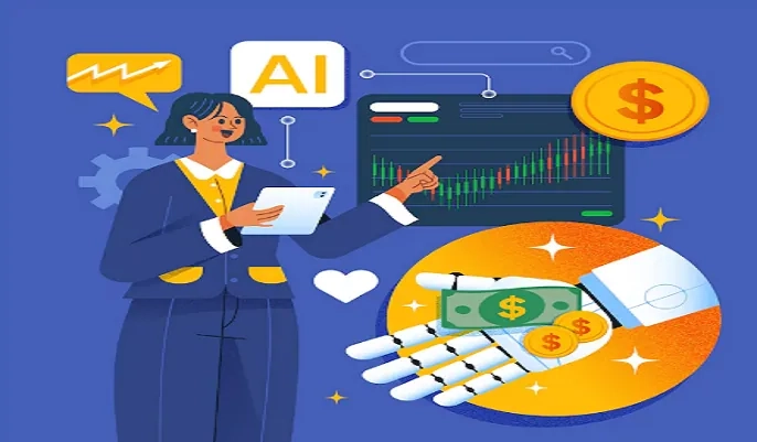 Illustration of AI assisting bookkeeping with charts and automated finance – transforming financial management