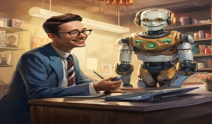 Professional interacting with a humanoid robot at a desk, symbolizing emerging AI career trends and learning opportunities through online AI courses.