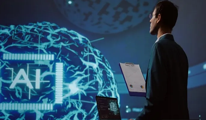 A professional examining a digital AI interface with a glowing brain graphic, representing beginner-friendly online AI courses with certificates in 2025.
