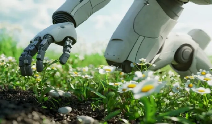 Robotic AI hand tending crops in a field – how artificial intelligence is shaping the future of agriculture and farming