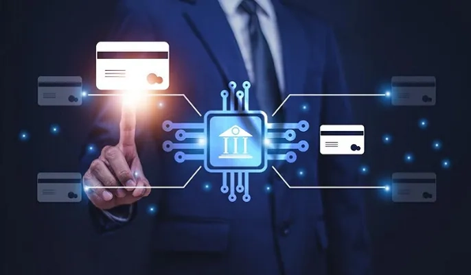 Businessman using AI banking interface with digital cards – learn how AI is changing banking services