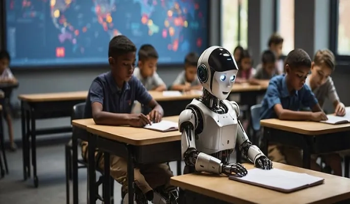 AI robot learning alongside students in a classroom – how artificial intelligence is transforming global education access