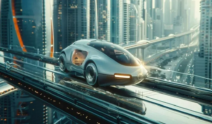 Futuristic AI-powered car travelling through a smart city – exploring AI in transportation and future mobility