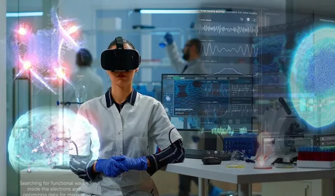 Medical researcher using VR and AI dashboards to analyse scans – how AI diagnosis is transforming healthcare