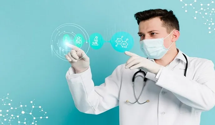Doctor using AI holographic medical interface – exploring how artificial intelligence improves diagnosis and treatment.