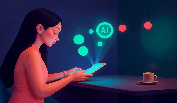 Woman using a tablet with glowing AI icons, symbolizing beginner-friendly learning and building first AI applications using tools like Google Colab.