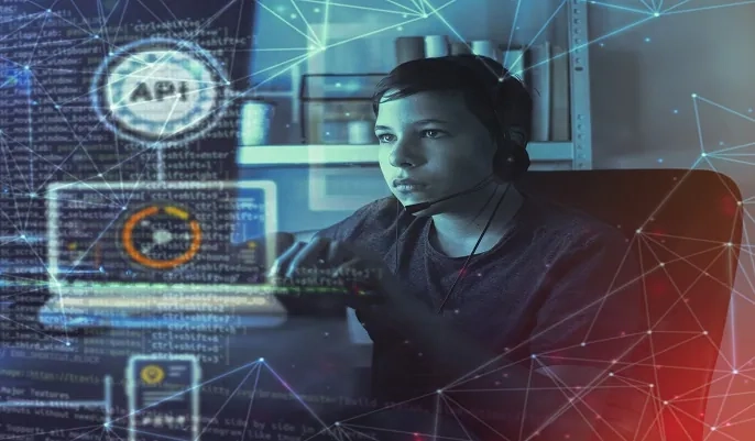 Young programmer working with AI and code overlays on screen, representing learning to design, train, and test AI models using Google Colab’s free tools.