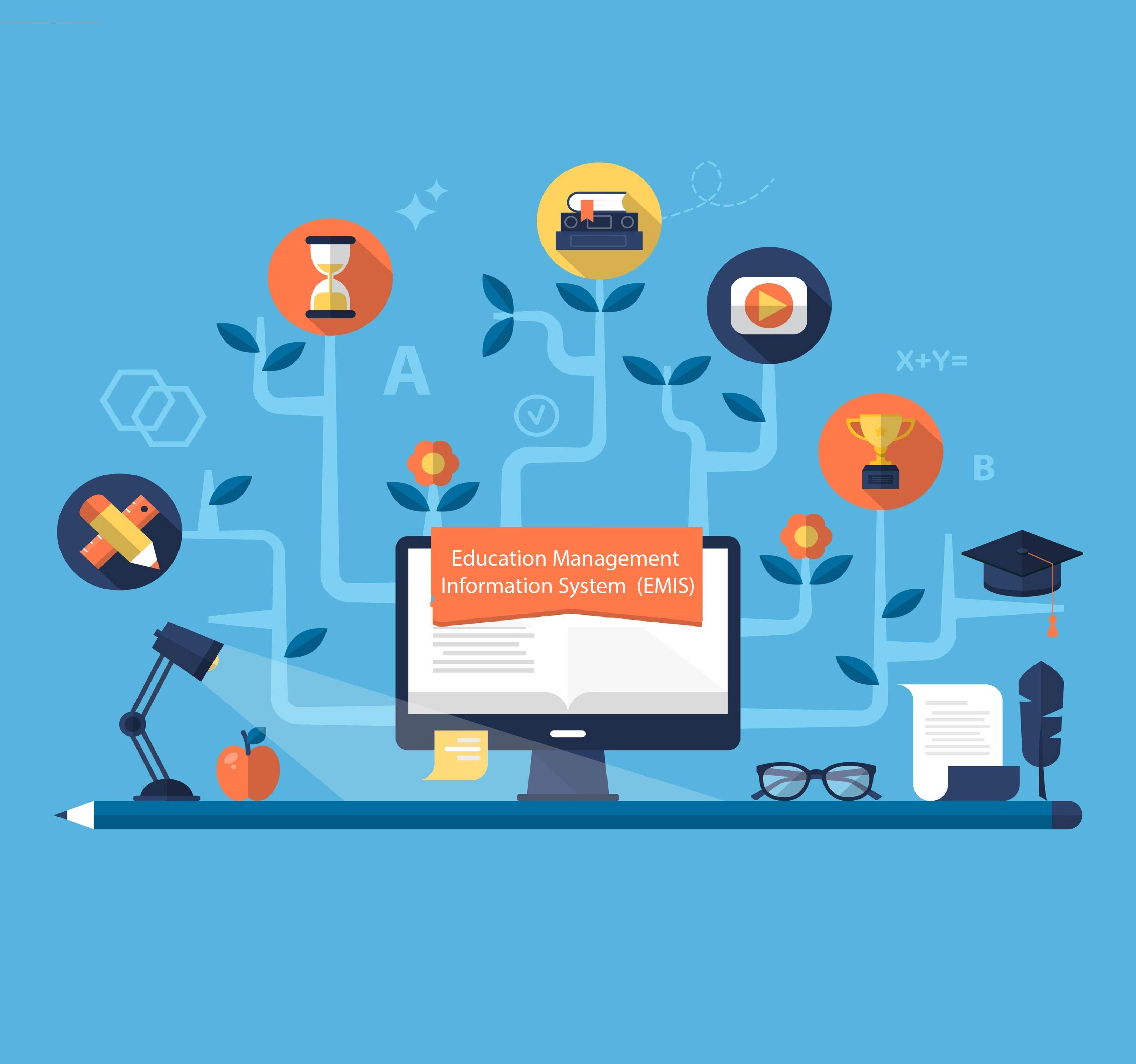 Illustration of an Education Management Information System with icons showing data, learning tools, analytics, and education elements.