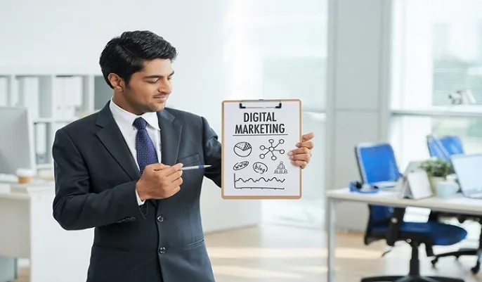 Business professional presenting digital marketing plan on clipboard – find flexible digital marketing jobs with OHSC