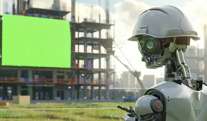 A futuristic robot at a construction site, symbolizing how AI technology and free online courses can transform the construction industry for a smarter future.