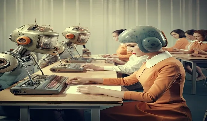 A futuristic scene of humans and robots working at computers, symbolizing how AI skills support digital marketing success in 2025.