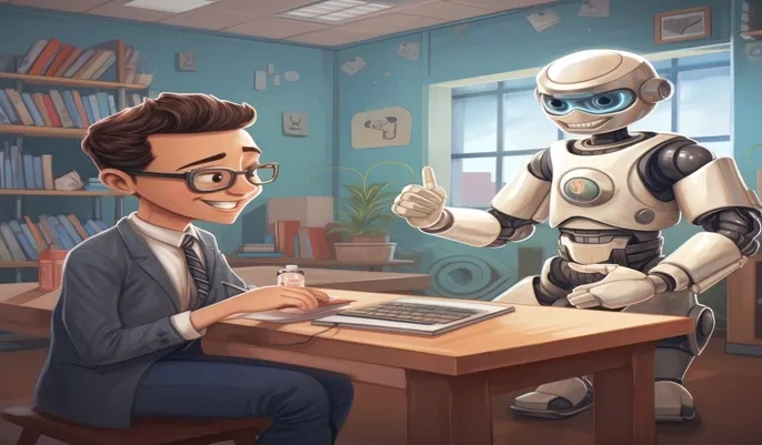 Man working on laptop with friendly robot assistant, representing learning and upskilling through free AI online courses