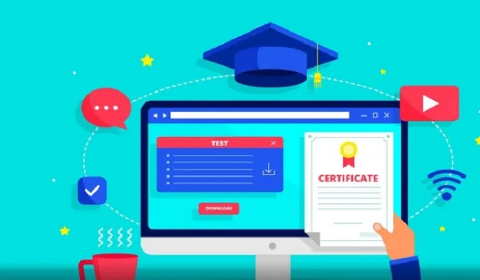A computer screen displaying an online test and certificate graphic, representing free online AI courses that offer certification for future career skills.