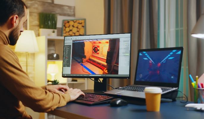 Design elements and design principles illustrated through a modern creative workspace and professional digital design tools