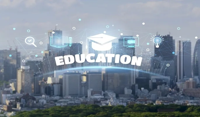 A digital education graphic overlaying a modern city skyline, symbolizing how online learning is transforming and redefining modern education.