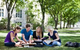 Group of students studying together outdoors with books and notes, representing flexible online diploma courses and learning support.