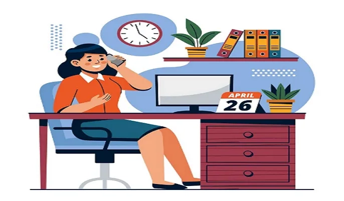 Illustration of an administrative assistant working at a desk on the phone – strategies for finding remote admin jobs