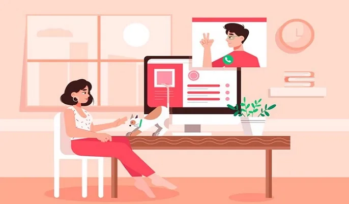 Illustration of woman working from home on video call with laptop – remote work guide to find WFH jobs