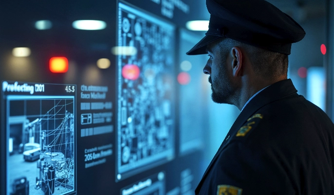 Security officer monitoring digital surveillance screens during security industry authority courses training in the UK