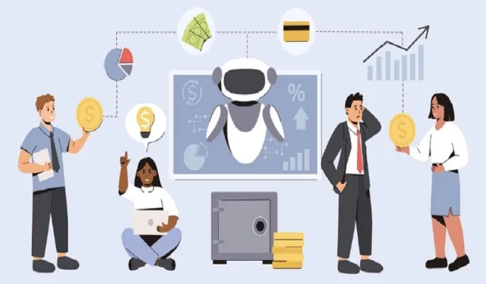 Accountants using AI tools with finance icons and robot assistant – top AI software for accounting today