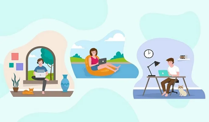 Illustration of professionals working remotely from home and outdoors – guide to transitioning to remote work