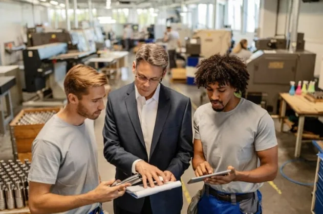 Factory team reviewing production updates on tablets – overview of the production chain and workflow management.