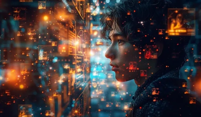 Person viewing AI-generated visuals and data streams – learn what generative AI is and how it creates content