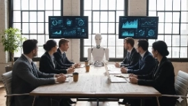 Professionals in a meeting with an AI robot and data dashboards, representing OHSC’s free Accounting and AI course.