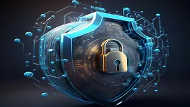 A digital shield with a glowing padlock symbolising advanced cyber protection, representing key security concepts taught in Level 5 cyber security courses.