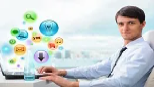 A digital marketer uses a laptop with colorful social media icons floating around, representing advanced social media strategy and online marketing skills.