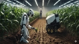 AI robots working in a greenhouse crop field, representing smart farming concepts in OHSC’s free AI and Agriculture course.