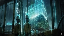 Two construction workers viewing a glowing digital building model, representing OHSC’s AI and Construction free course.