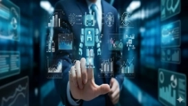 Business professional interacting with digital AI marketing icons, representing OHSC’s free Artificial Intelligence and Digital Marketing course.