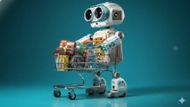 Robot pushing a shopping cart of products, representing AI-driven online retail taught in OHSC’s free AI and Ecommerce course.
