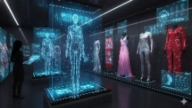 Futuristic AI fashion showroom with hologram models and smart clothing displays, representing OHSC’s free AI and Fashion course.