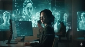 HR professional reviewing AI-powered candidate profiles on a screen, representing OHSC’s free Artificial Intelligence and HR course.