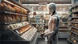 AI robot browsing store shelves in a supermarket aisle, representing OHSC’s free Artificial Intelligence and Retail course.