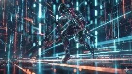 Futuristic digital athlete running through data streams, representing OHSC’s free Artificial Intelligence and Sports course.