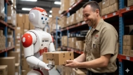 Warehouse worker receiving a package from an AI robot, representing OHSC’s free AI and Supply Chain course.