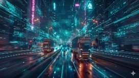 Futuristic city highway with AI-enhanced trucks and digital data trails, representing OHSC’s free Artificial Intelligence and Transportation course.
