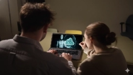 Two learners viewing an AI robot and cloud graphic on a laptop screen, representing introductory concepts in OHSC’s AI Beginner free course.