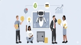 Illustration of people using an AI robot to manage finances and coins, representing OHSC’s free AI Bookkeeping course.