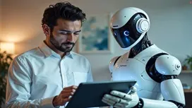 A professional reviewing information on a tablet beside a humanoid robot, symbolizing AI-driven skills and career readiness in the modern workforce.