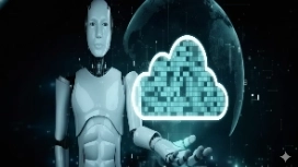 Robot presenting a glowing digital cloud icon, representing advanced AI tools and concepts explored in OHSC’s AI Claude free course.